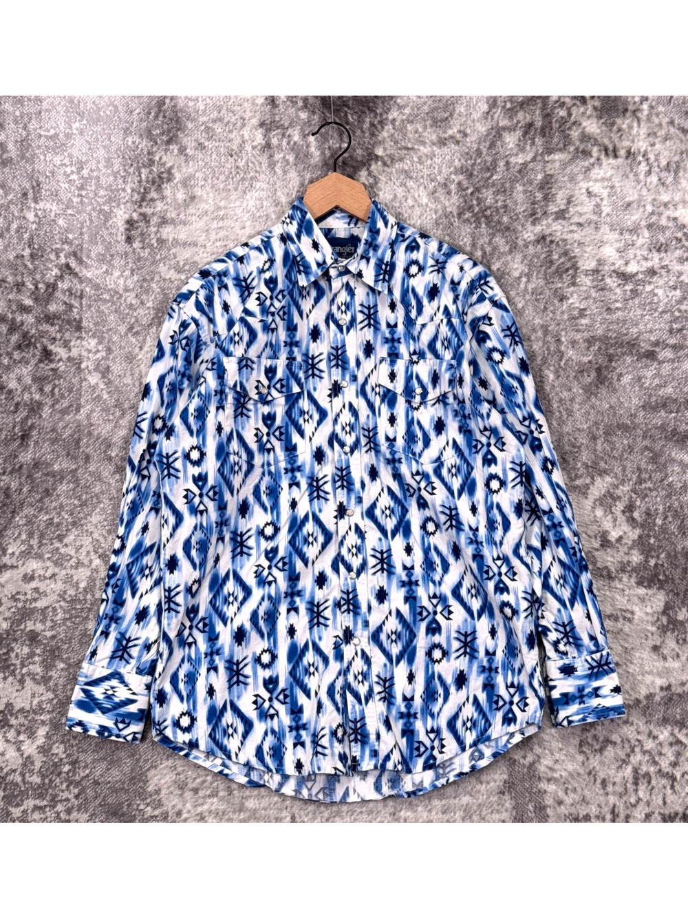 Vintage Wrangler Pearl Snap Shirt Medium Mens Blue Aztec Western Brushpopper